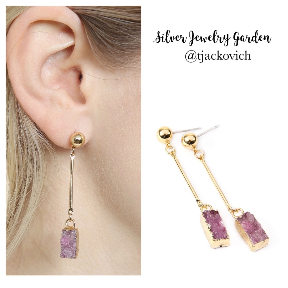 Gold with Purple Druzy Stone Dangle Earrings